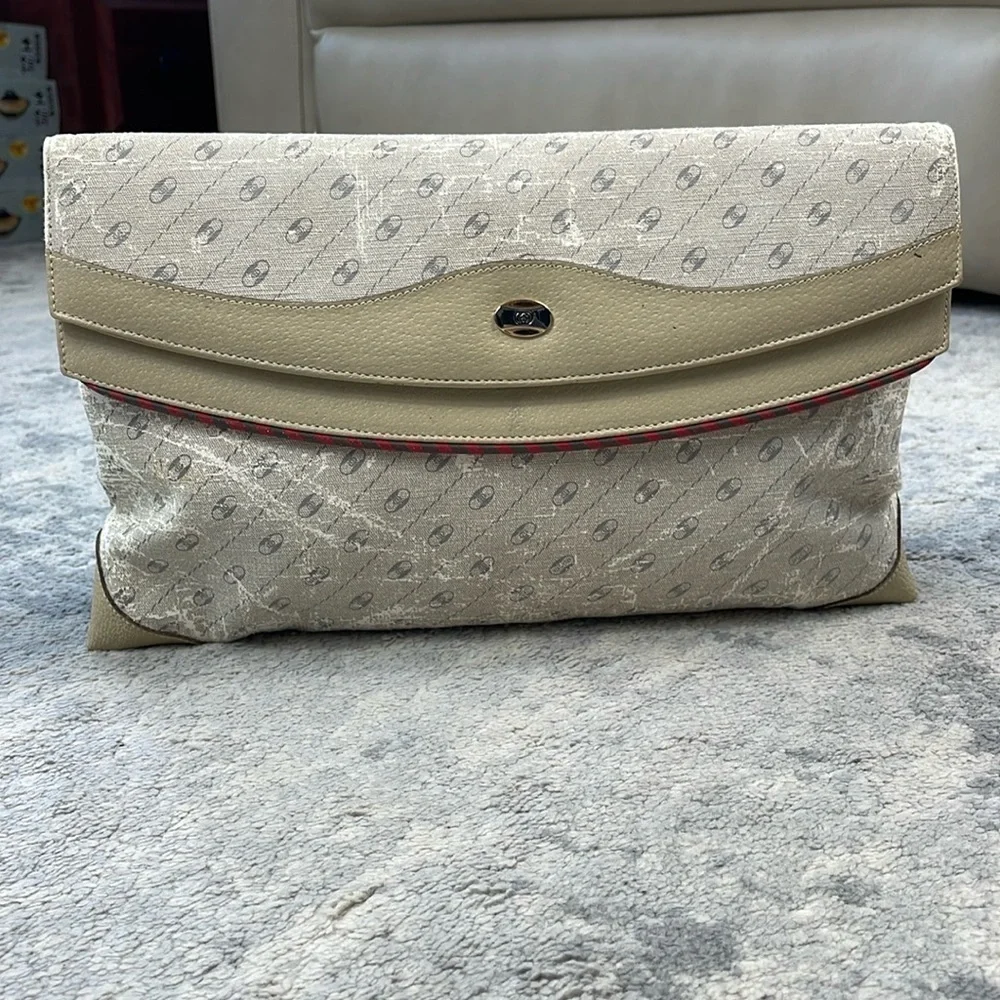 Vintage Gucci Beige Double Flap Clutch Bag Sherry Web Trim
